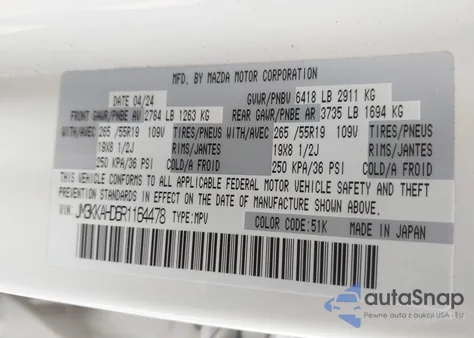 2024 Mazda Cx-90 3.3 Turbo Select from USA, damaged, VIN JM3KKAHD6R1164478